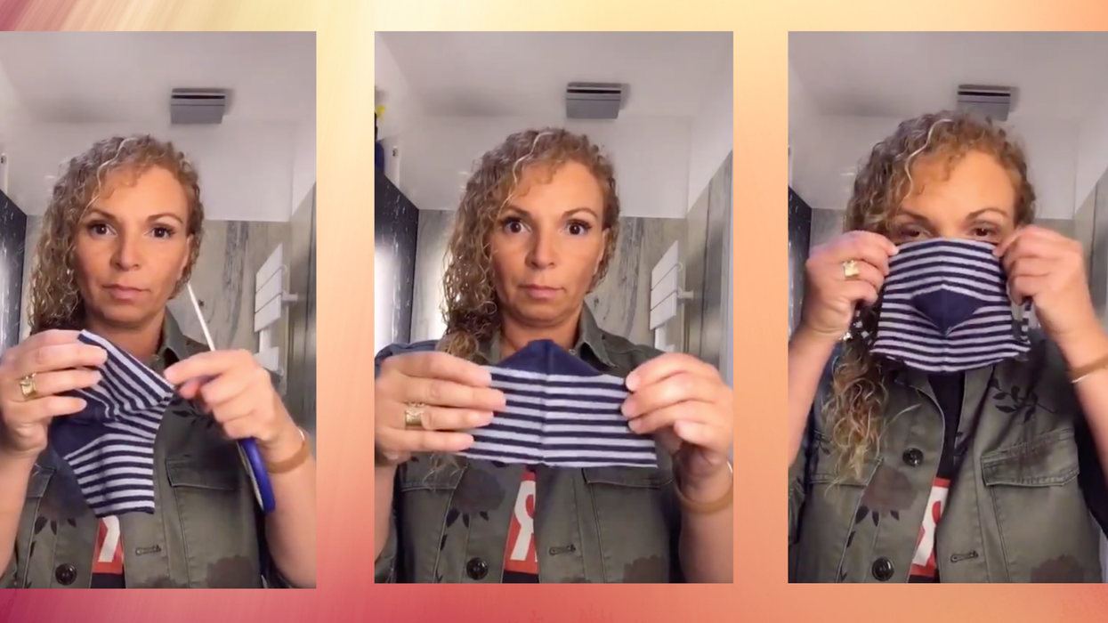 This simple video shows you how to make a face cover in two minutes from a sock