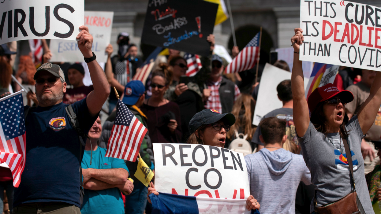Trump claims anti-lockdown protests are are fine because there's 'space in between them' but these pictures prove otherwise