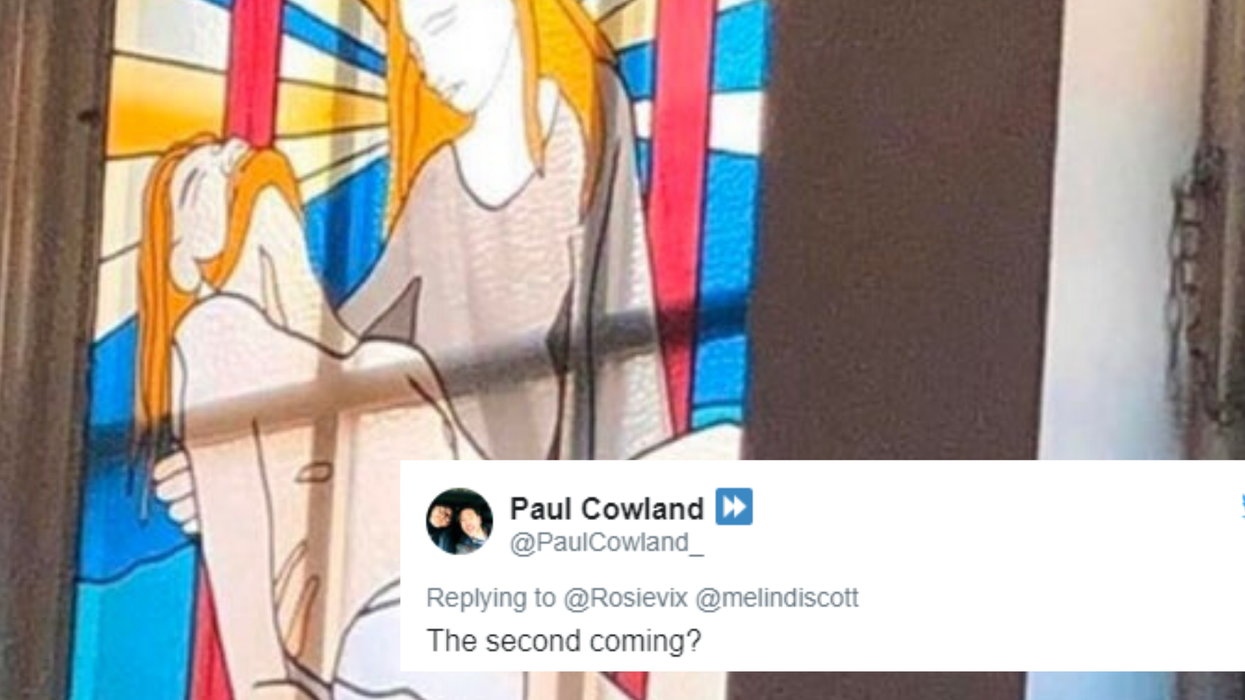 This accidentally NSFW stained-glass window showing Mary holding Jesus is going to hell