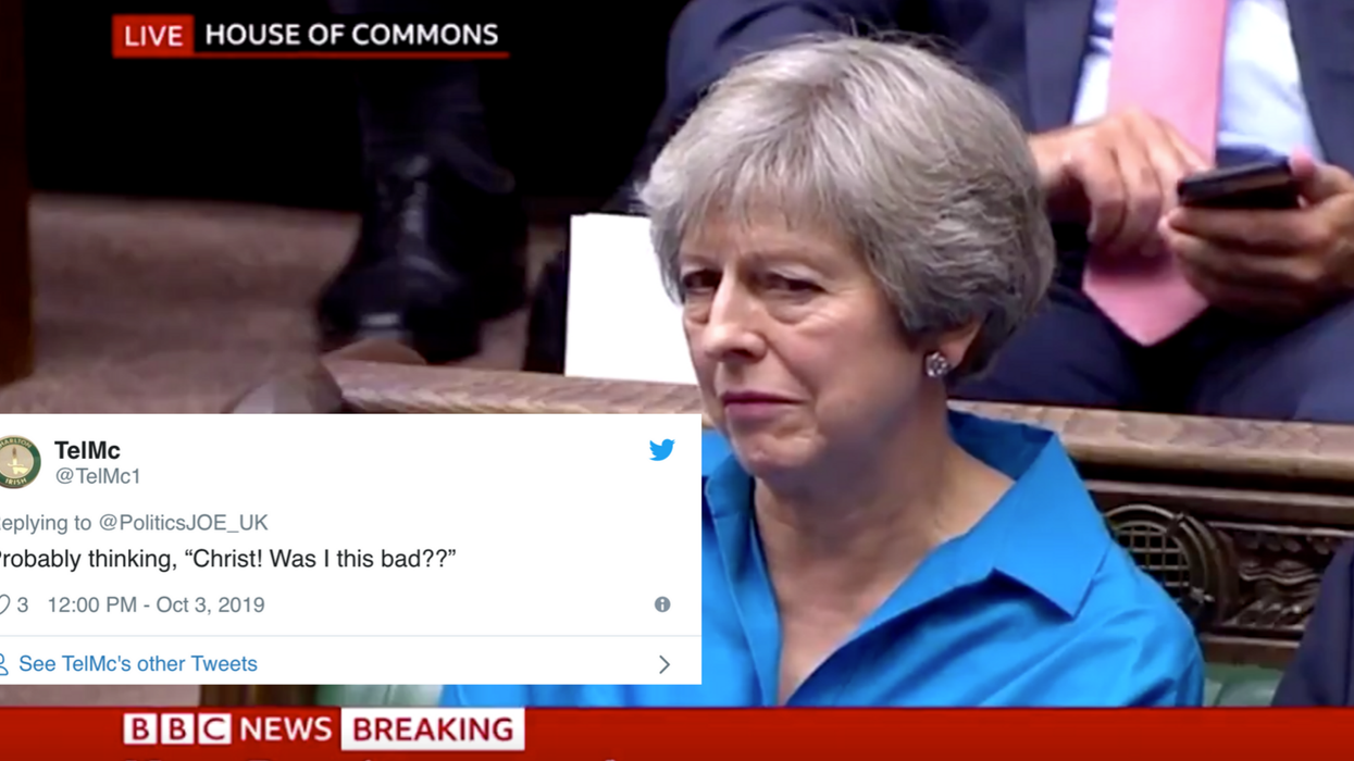 Theresa May's face during Boris Johnson's speech literally sums up how the UK feels