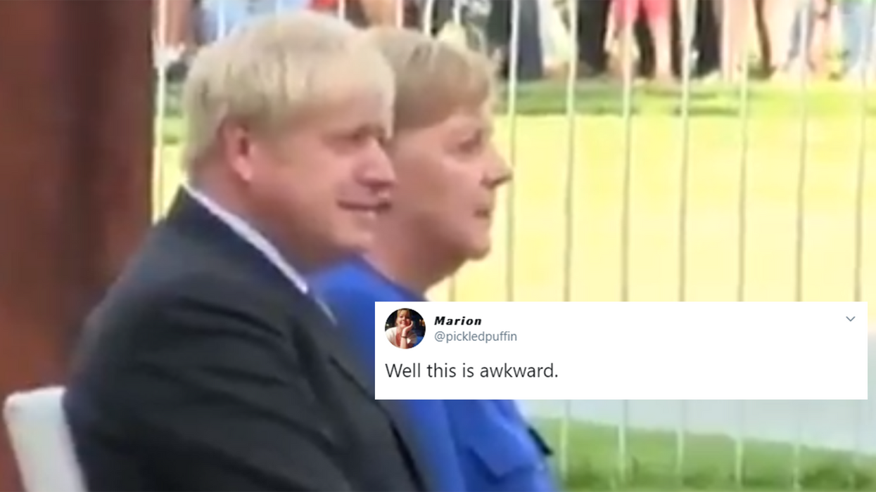 This clip of Johnson meeting Merkel whilst being heckled by anti-Brexit protestors is incredibly awkward