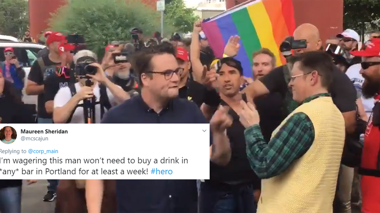 Man walks into a crowd of right-wing activists and yells 'f**k you' at every one of them apart from their dog