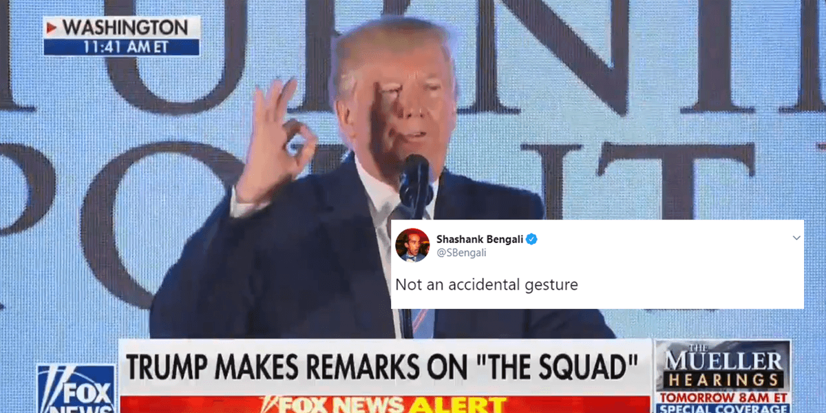 Point Hand Trump 'makes white power hand signal' while talking about AOC at ...
