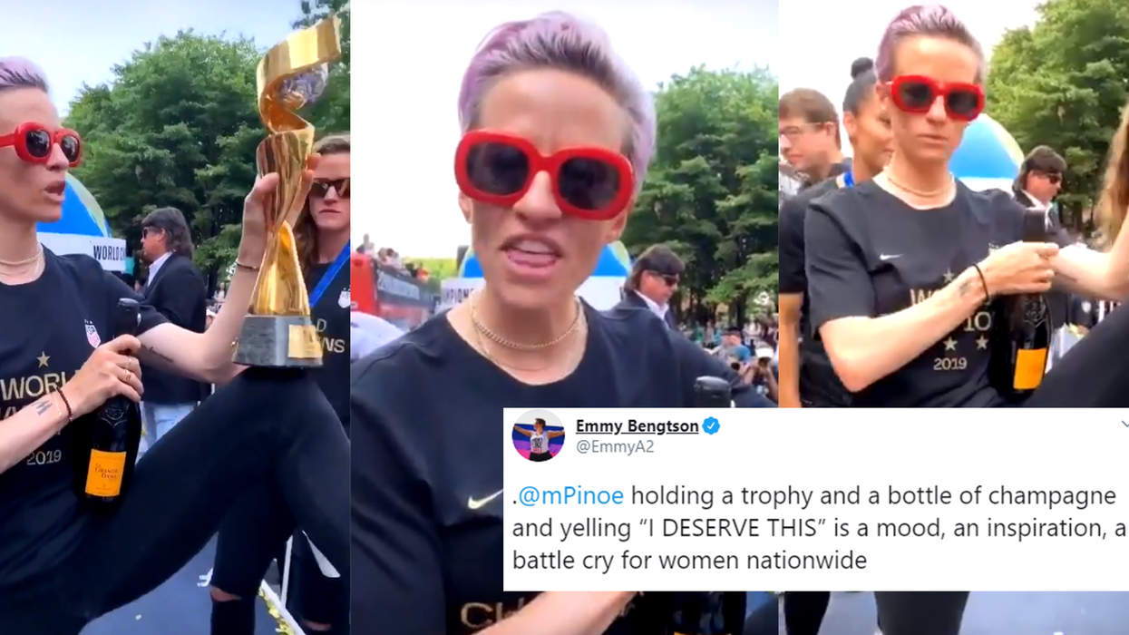 Megan Rapinoe yelling 'I deserve this' while holding her trophy and spraying champagne is a serious mood
