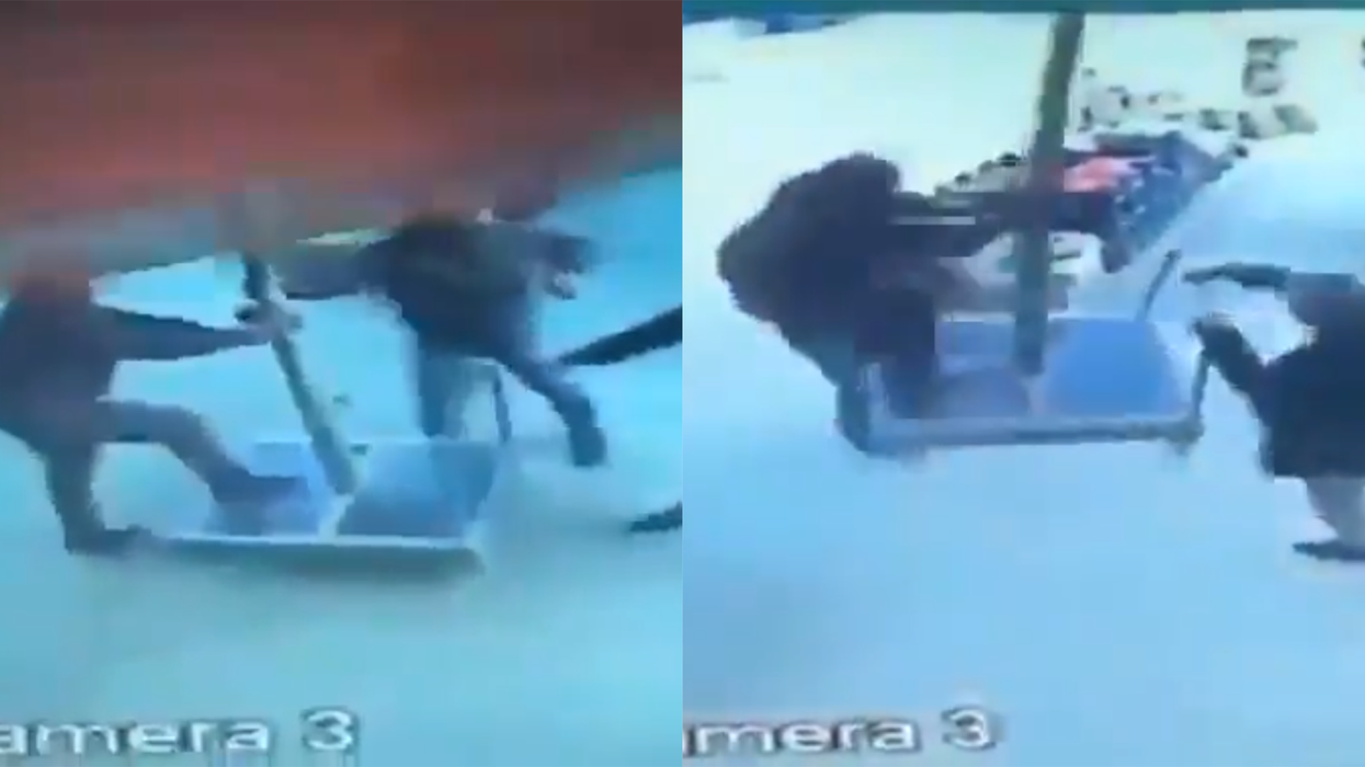 Incredible moment man flies off with umbrella during storm