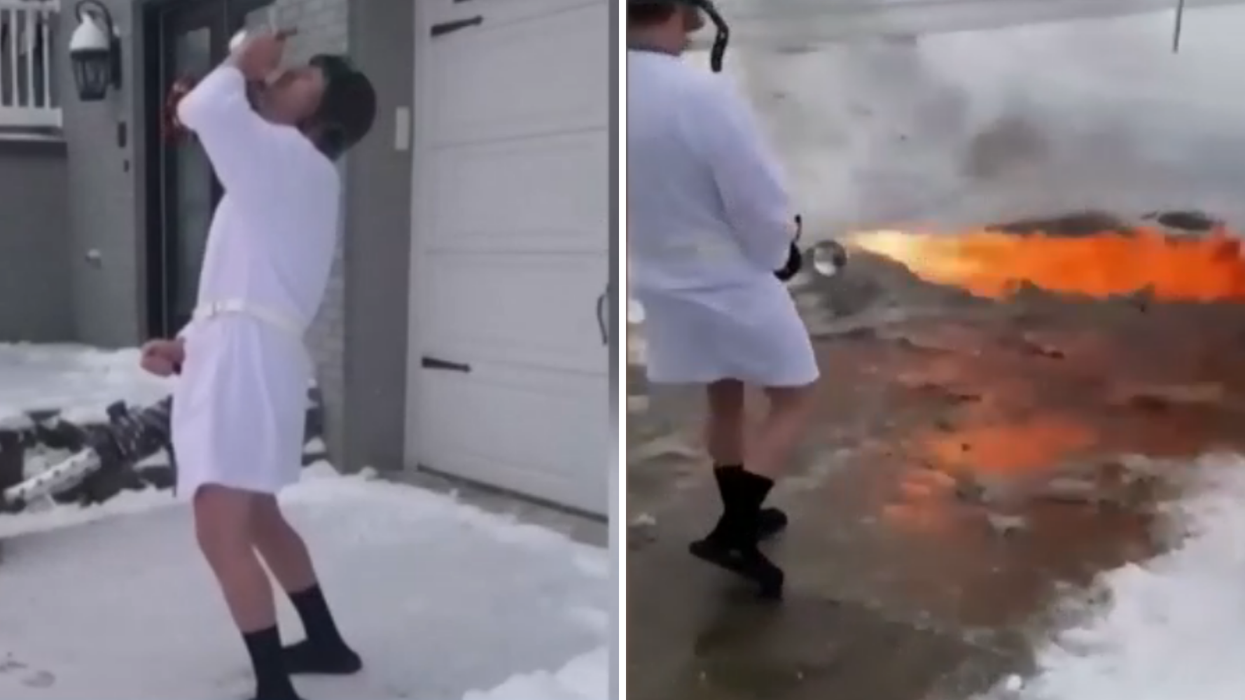 Man becomes instant viral star for using a flamethrower to get rid of snow on his driveway