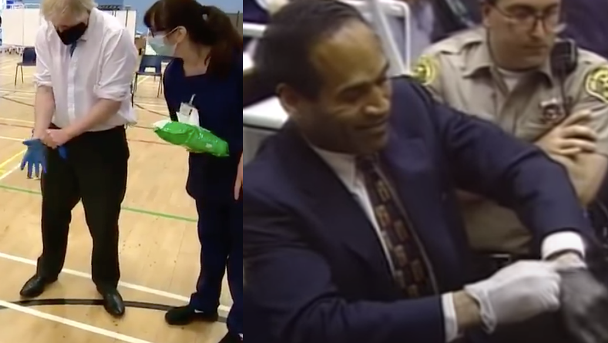 Boris Johnson bizarrely compares himself to OJ Simpson while struggling to put on a glove