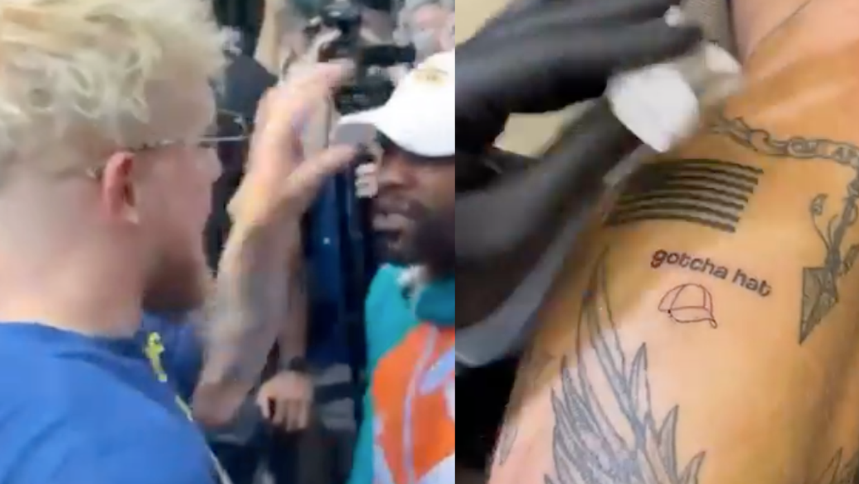 Jake Paul mocks Floyd Mayweather with a tattoo of his hat after stealing it during brawl