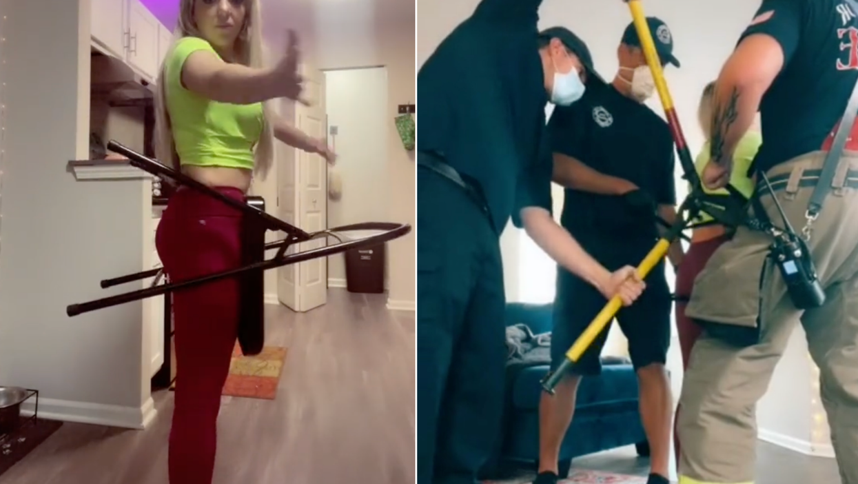 Woman has to be freed from a folding chair while making NSFW content