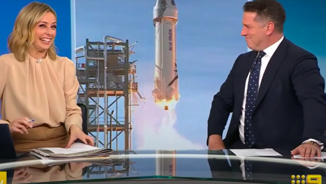 Australian newsreaders struggle to contain laughter when reporting on Jeff Bezos’ crudely shaped rocket