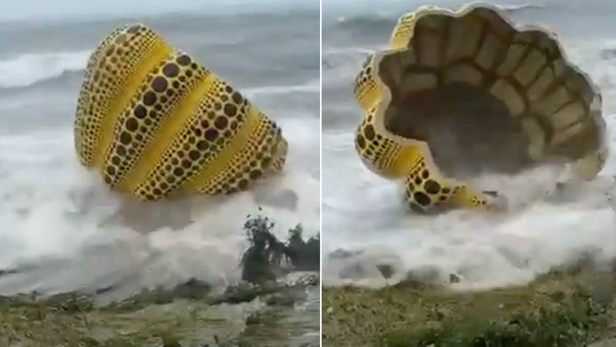 Amazing video shows Yayoi Kusama’s iconic ‘Yellow Pumpkin’ artwork being swept away in typhoon