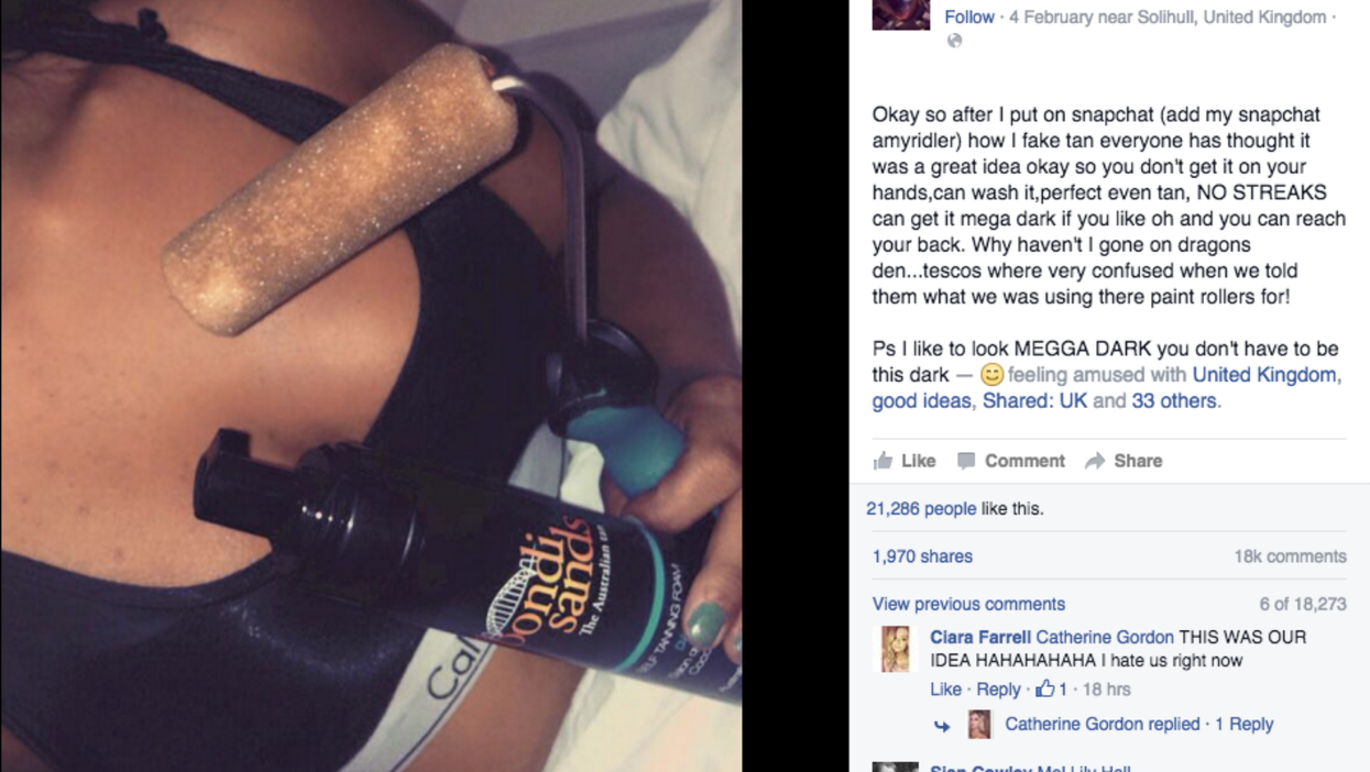 This young woman decided to use a paint roller to apply fake tan. Not a great idea