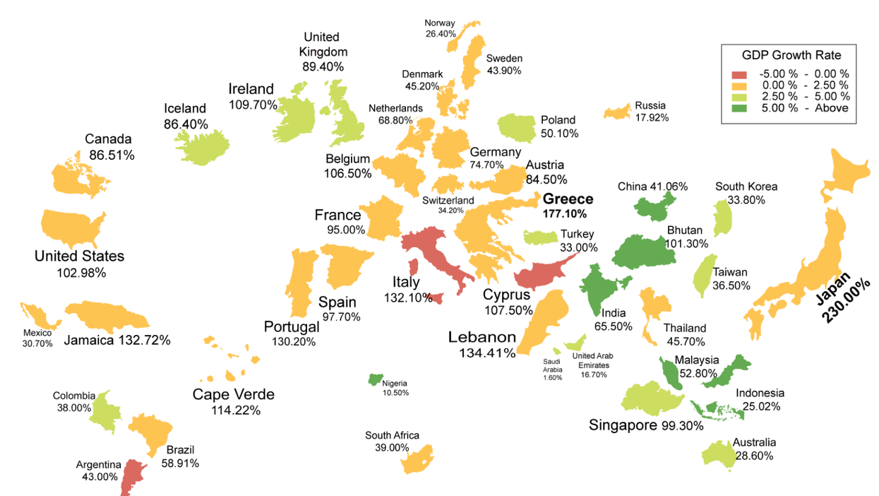 A map showing the debt of countries around the world compared to their GDP