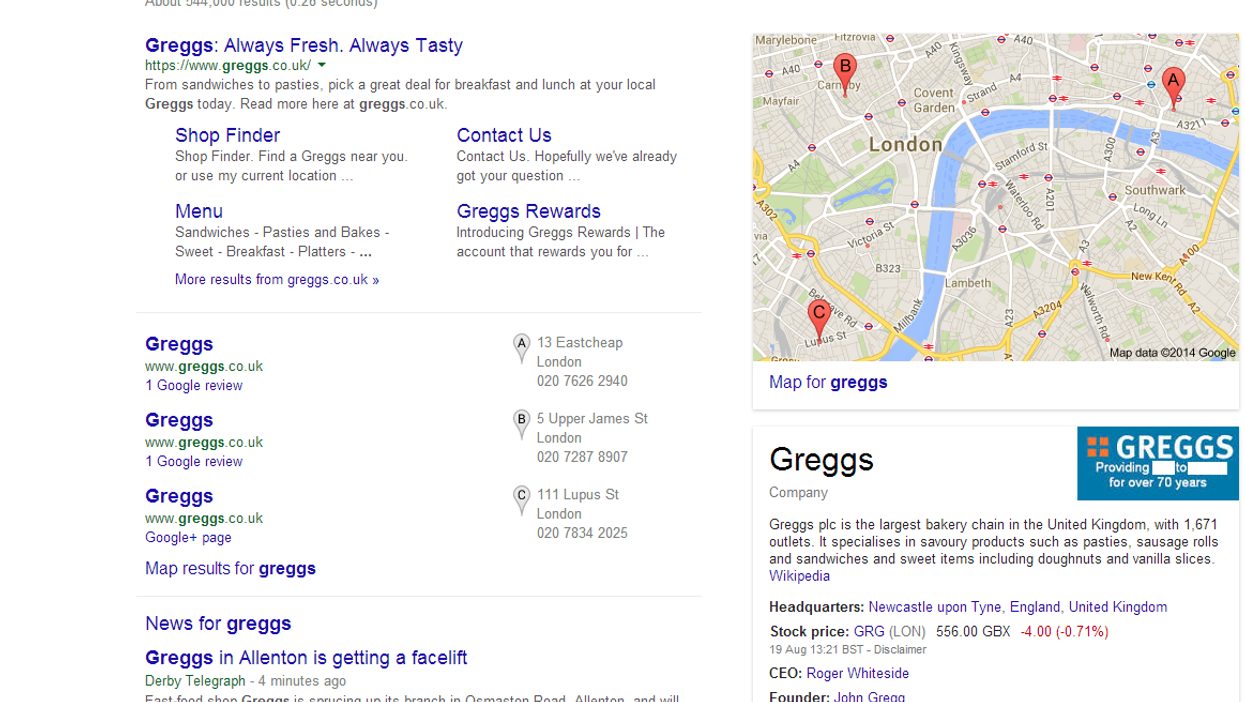 This is what happens when you search for Greggs on Google