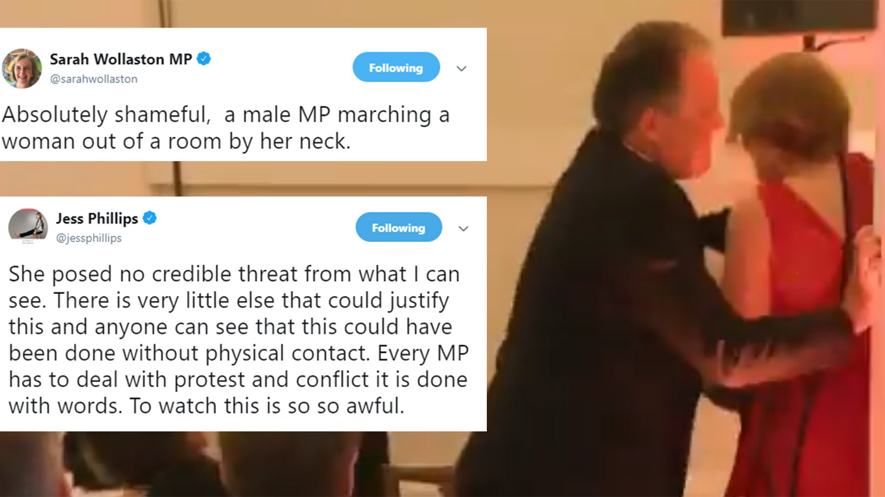 A suspended Tory minister grabbed a female protester by the neck and people are horrified