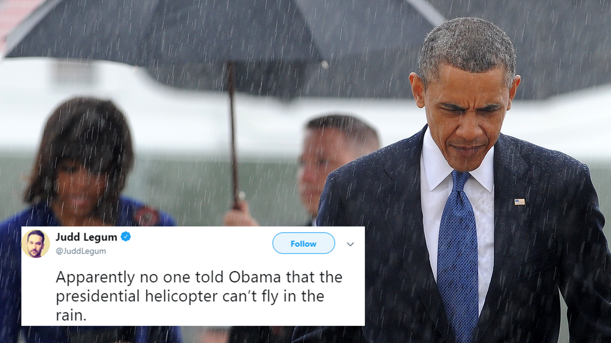 People are sharing photos of Obama in the rain to mock Trump for cancelling a trip to a cemetery due to bad weather