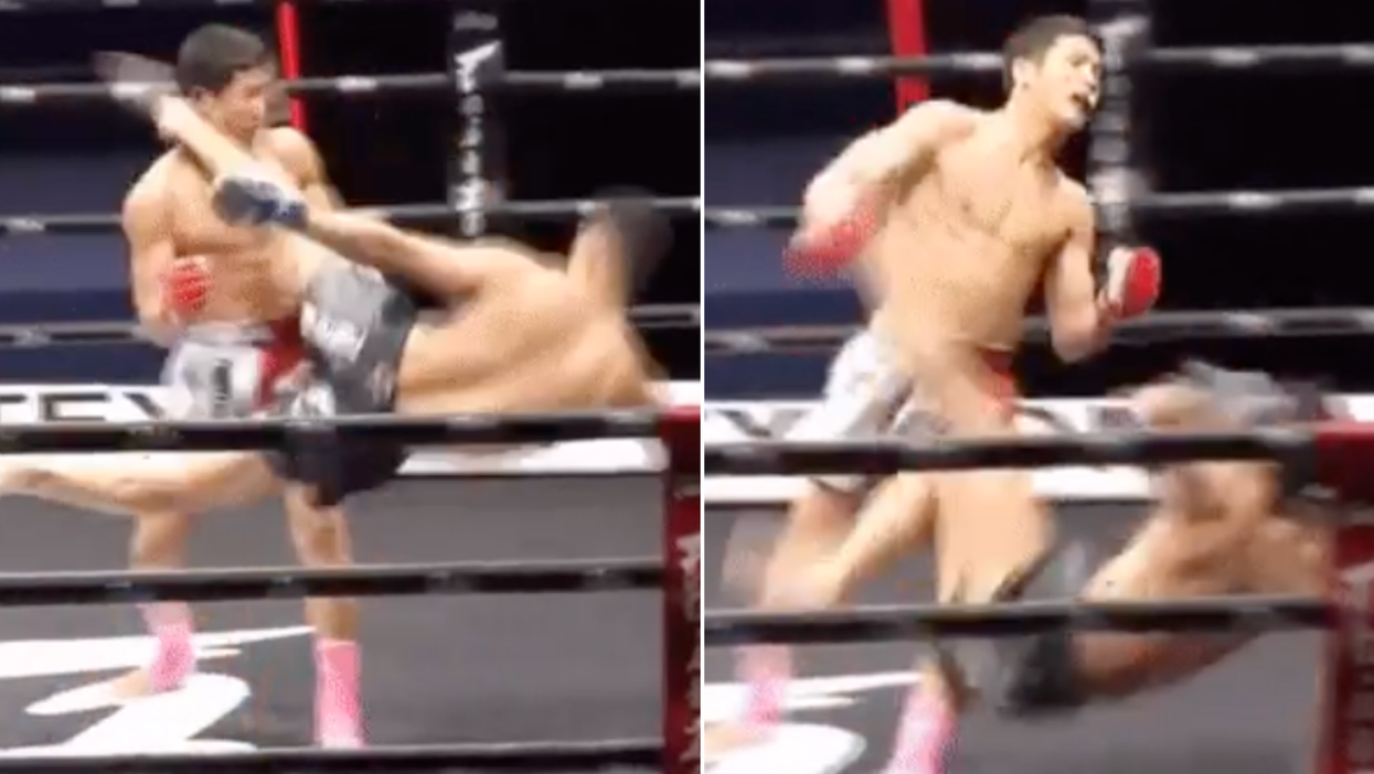 Muay Thai fighter hit with incredible tornado kick during bout - still manages to win