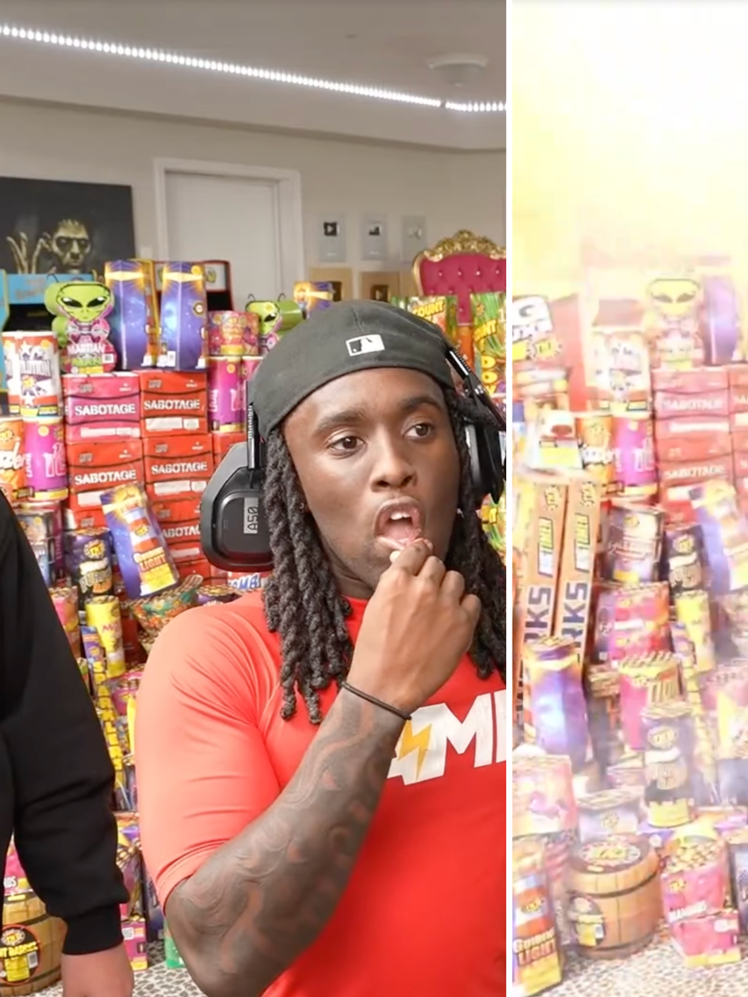 Kai Cenat appears to destroy his home in fireworks stunt with MrBeast