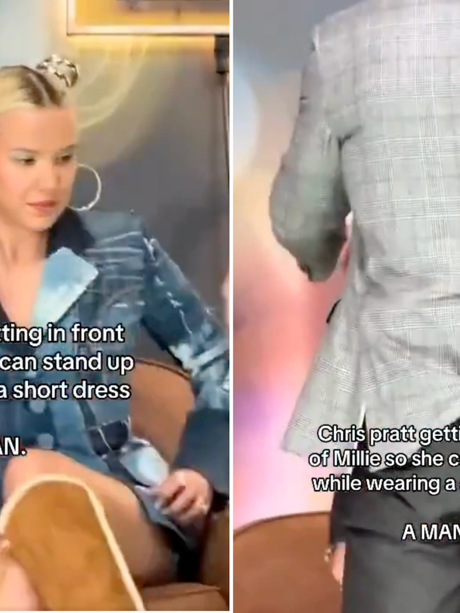 Chris Pratt shields Millie Bobby Brown on stage and stops her from being exposed in short skirt