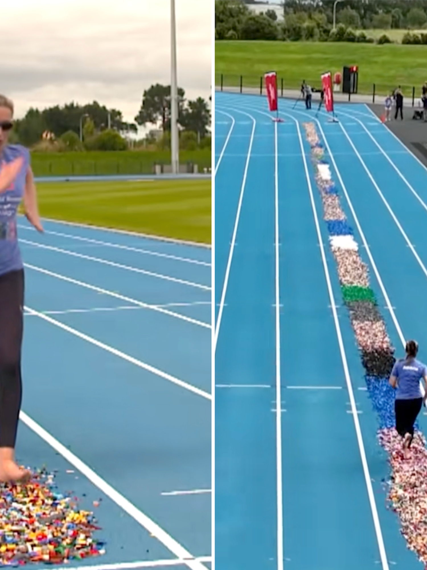 Mum breaks Guinness World Record for 100m barefoot sprint across LEGO track