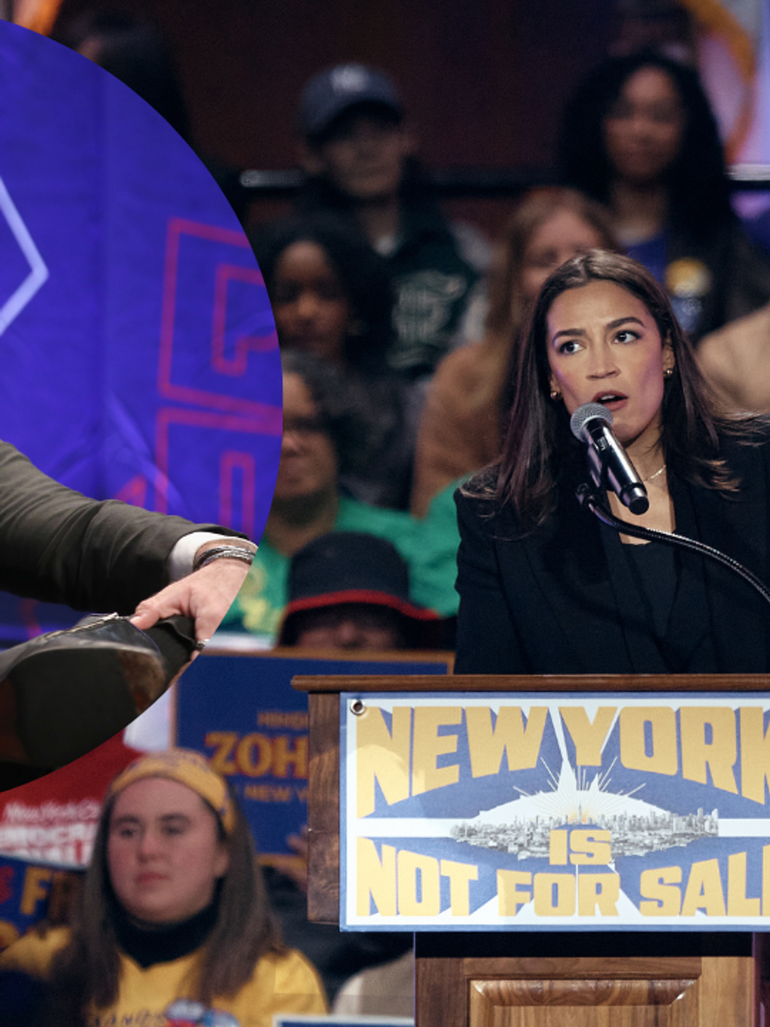 Hasan Piker hugs Rep. Alexandria Ocasio-Cortez at the Zohran Mamdani victory party