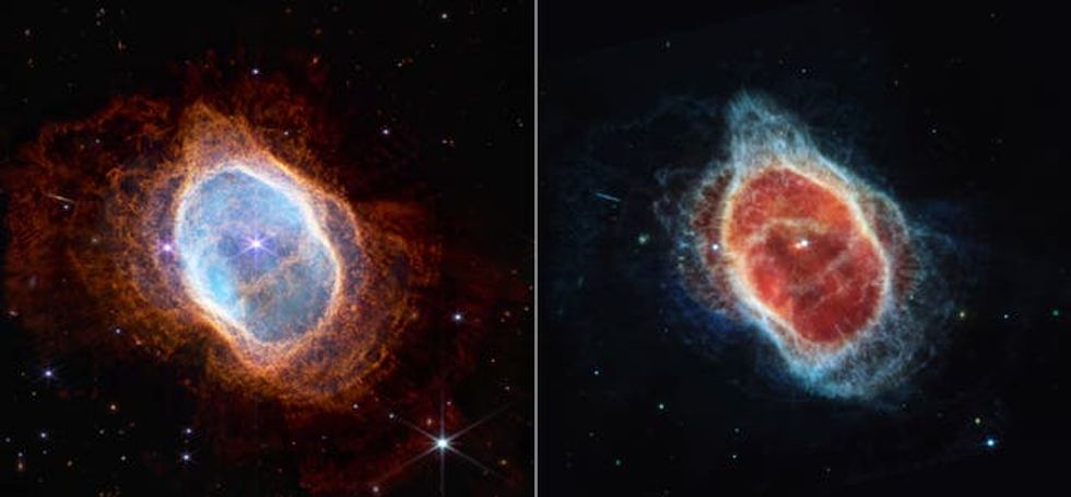 Images released by Nasa shows a side-by-side comparison of observations of the Southern Ring Nebula in near-infrared light, at left, and mid-infrared light, at right, from the Webb Telescope