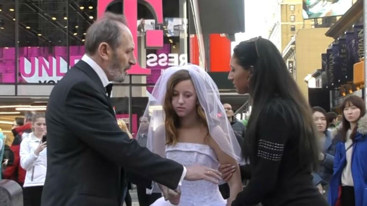In 2016 a 'fake child wedding' was held in Times Square, New York, highlighting child marriage in the US. Picture: