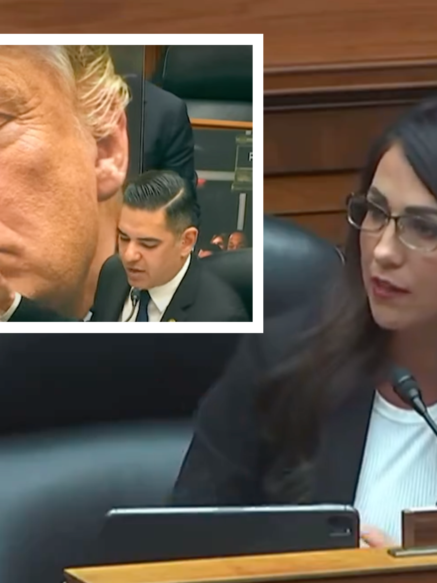 Inset top left, Robert Garcia speaks in a committee as a picture of Trump with his eyes closed is raised behind him. Main image is of Lauren Boebert speaking in the committee.