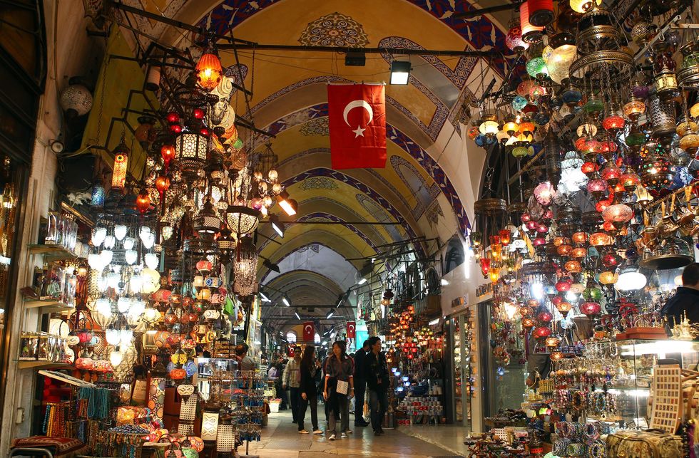 Inside Istanbul's Grand Bazaar, a huge covered market. This bit contains lanterns, with arched ceilings.