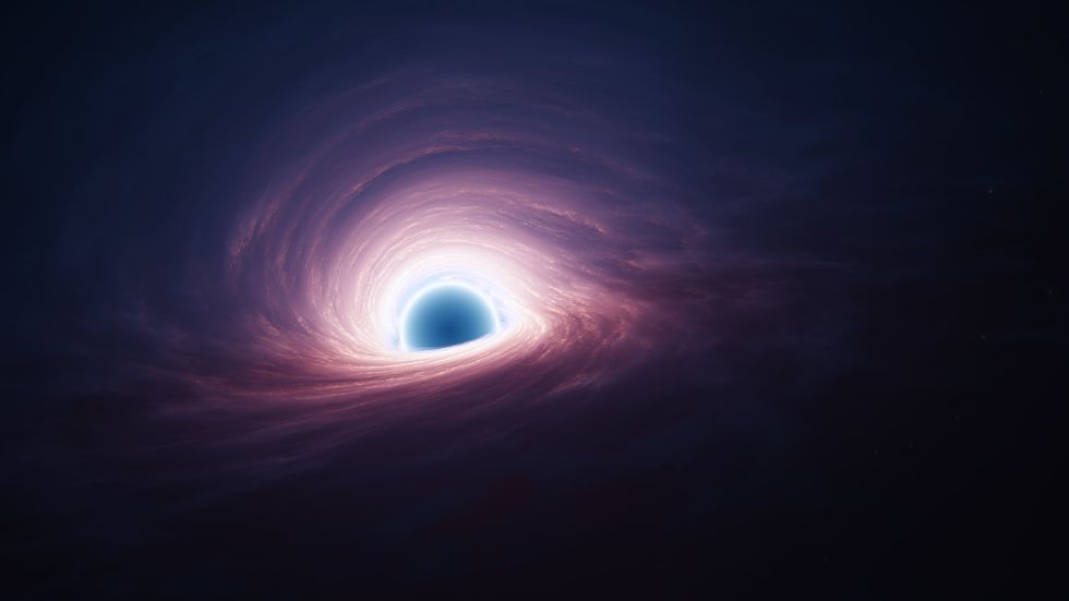 Interstellar Black Hole with glowing Accretion Disk and Singularity Nucleus stock photo