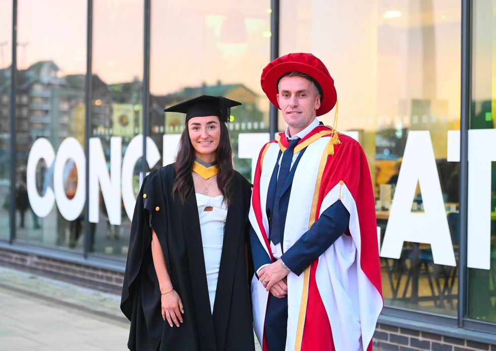 Ipswich Town manager Kieran McKenna alongside Sophie Peskett, 21, who is Ipswich Town\u2019s only professional female player and has graduated with a first-class degree. (University of Suffolk/ Gregg Brown Photography/ PA)