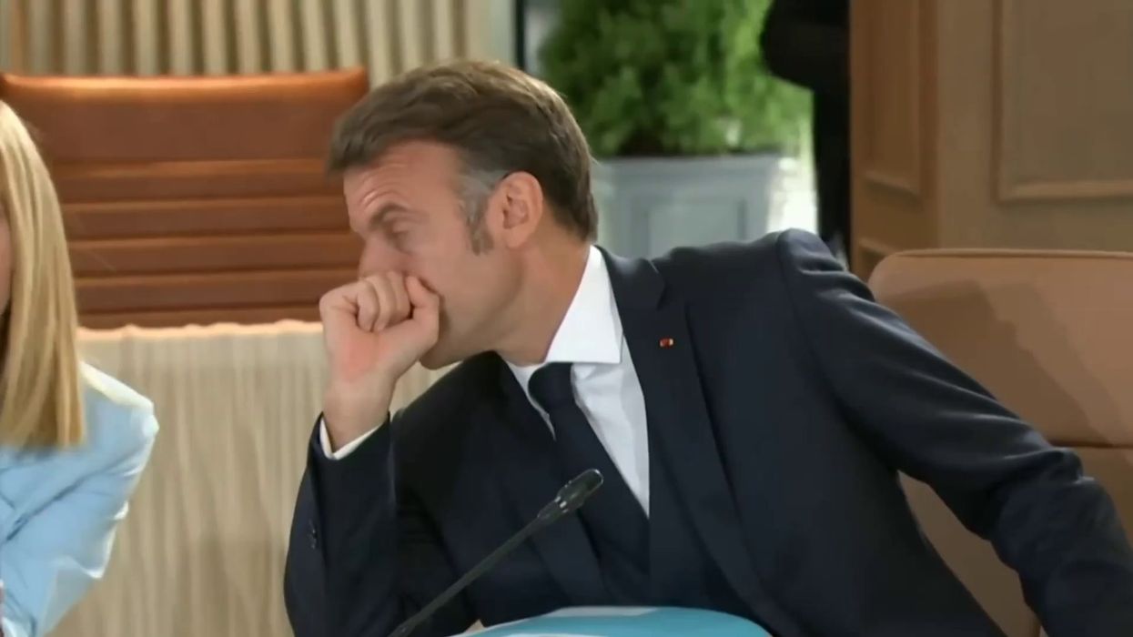 Italian Prime Minister Giorgia Meloni rolls her eyes while Trump speaks at the G7