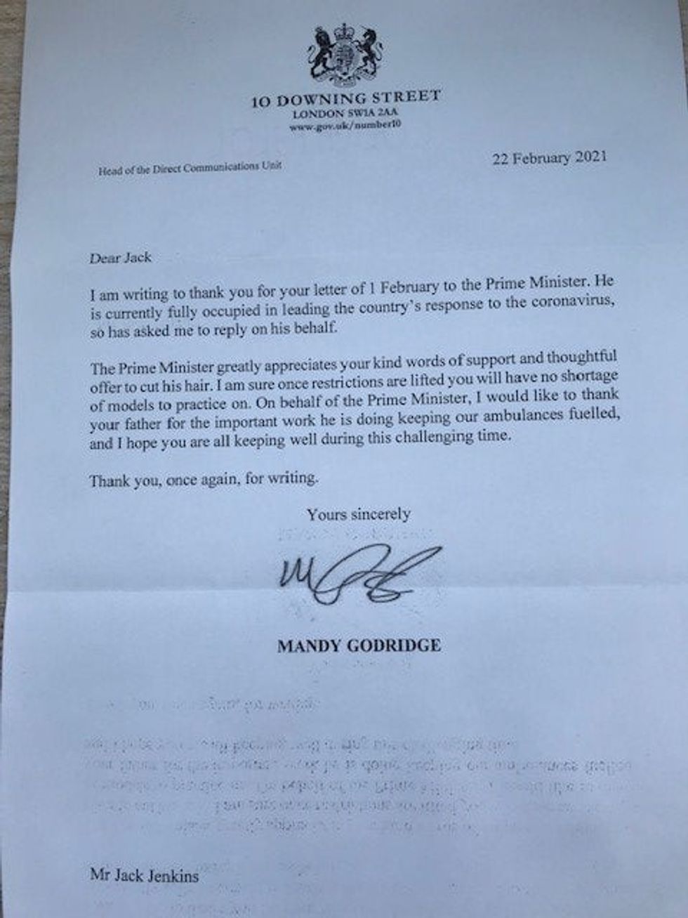 Jack Jenkins received a letter from Number 10 praising him for his 'thoughtful offer' to cut Boris Johnson's hair. (Jack Jenkins/ PA)