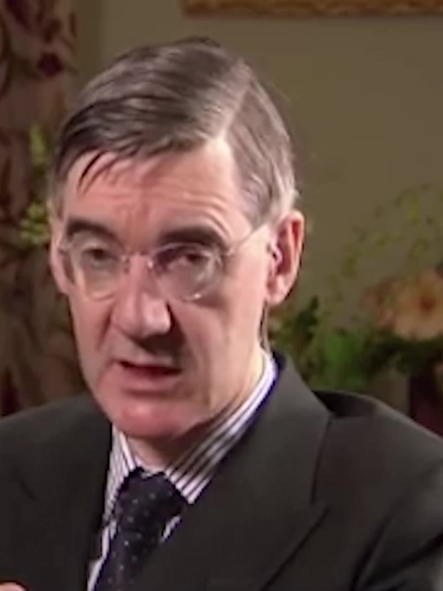 Jacob Rees-Mogg, a white man with combed over, short black hair, rounded glasses and a black suit, gives an interview to Sky News from his home.