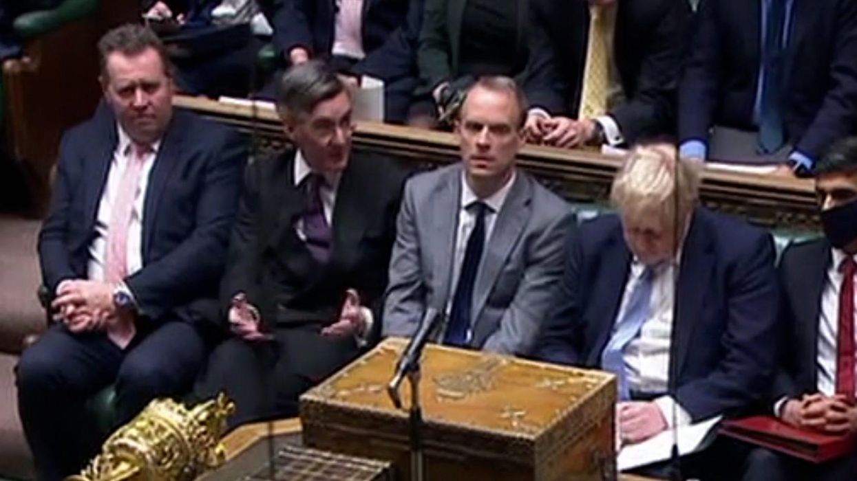 Jacob Rees-Mogg whispers to Boris Johnson moments before he delivers Jimmy Savile slur