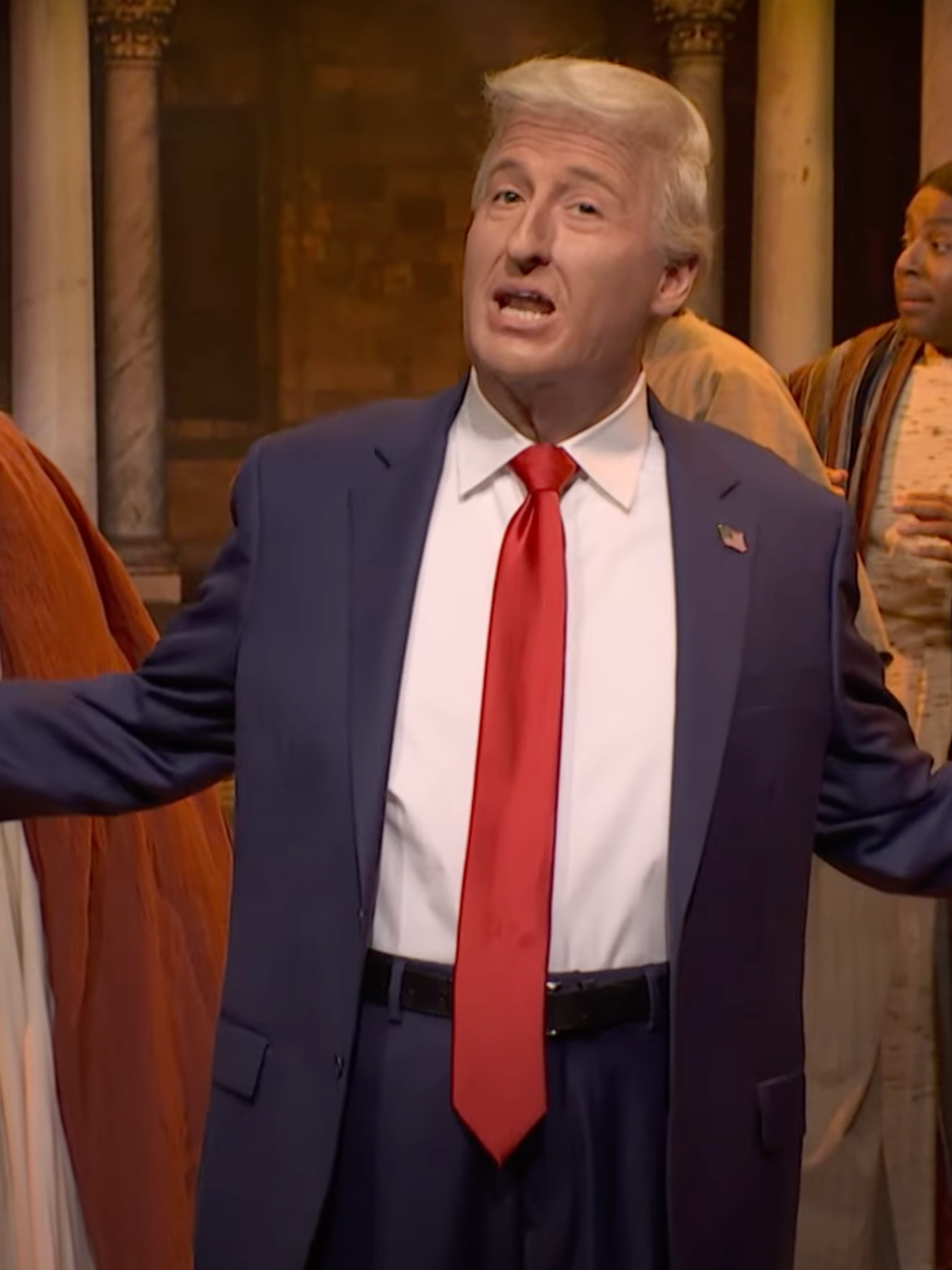 James Austin Johnson as Donald Trump, arms outstretched, on Saturday Night Live, interrupting a re-enactment of Jesus cleansing the Temple.