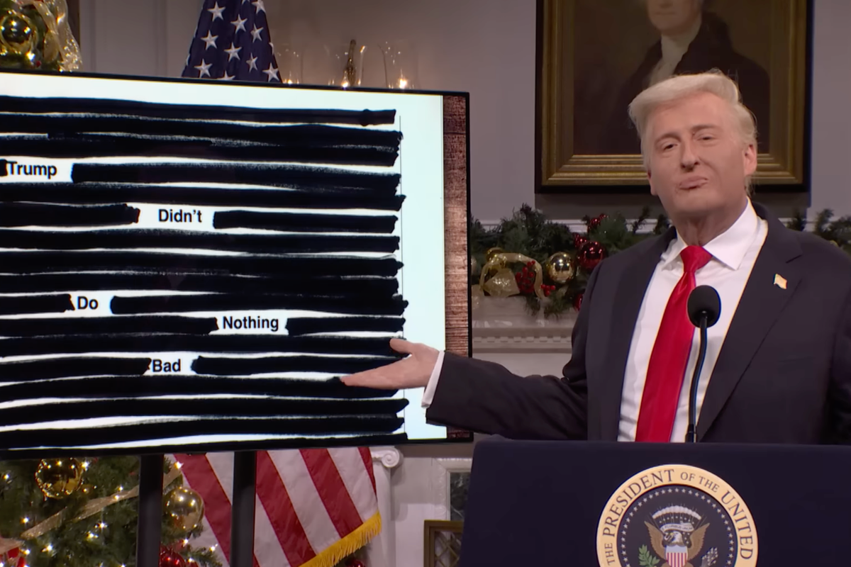 James Austin Johnson as Donald Trump, gesturing to a screen showing redacted text, with the text remaining reading: 'Trump didn't do nothing bad'.