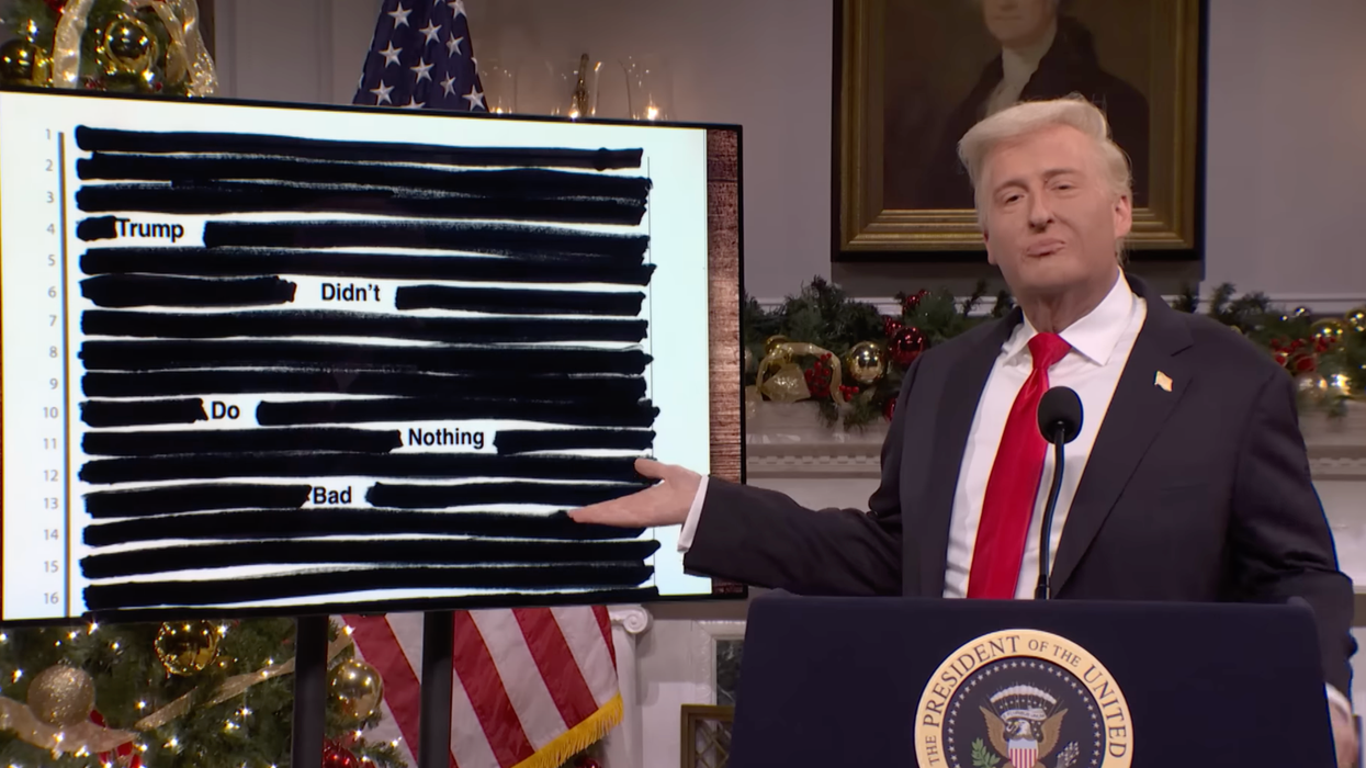 James Austin Johnson as Donald Trump, gesturing to a screen showing redacted text, with the text remaining reading: 'Trump didn't do nothing bad'.