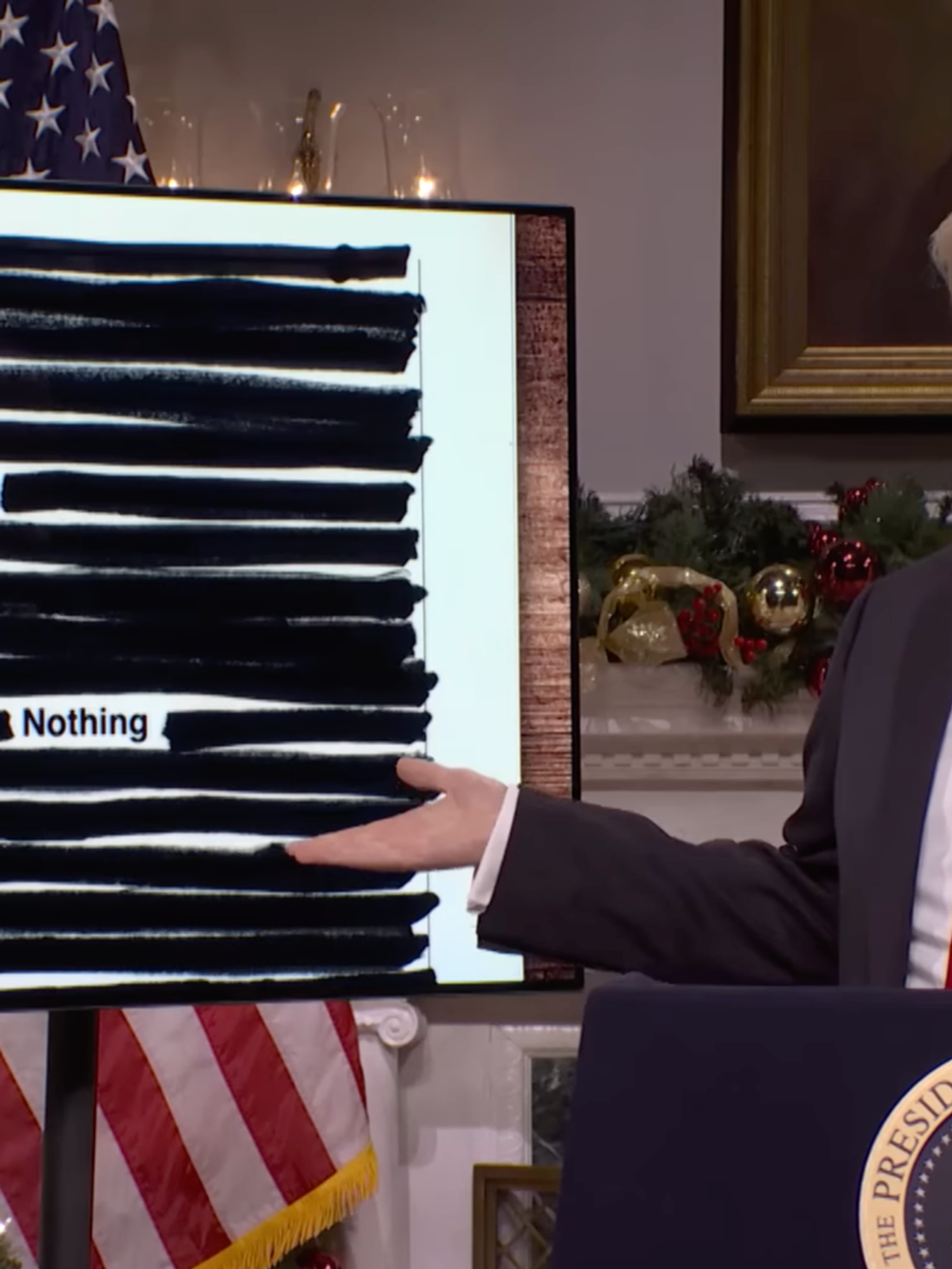 James Austin Johnson as Donald Trump, gesturing to a screen showing redacted text, with the text remaining reading: 'Trump didn't do nothing bad'.