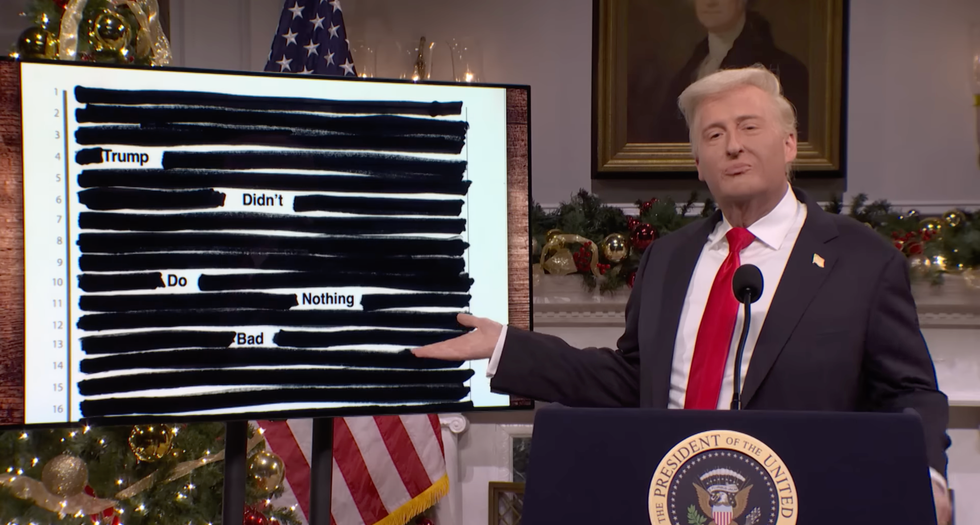 James Austin Johnson as Donald Trump, gesturing to a screen showing redacted text, with the text remaining reading: 'Trump didn't do nothing bad'.