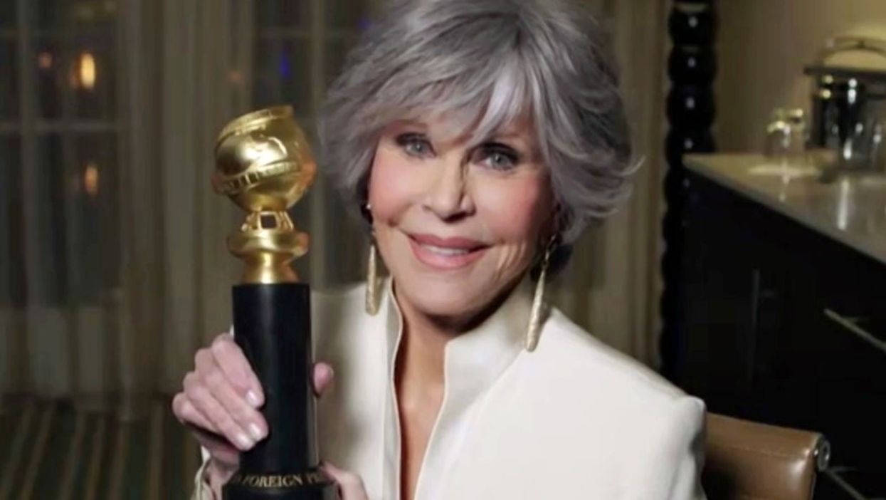 <p>Jane Fonda with her Cecil B DeMille Lifetime Achievement Award</p>