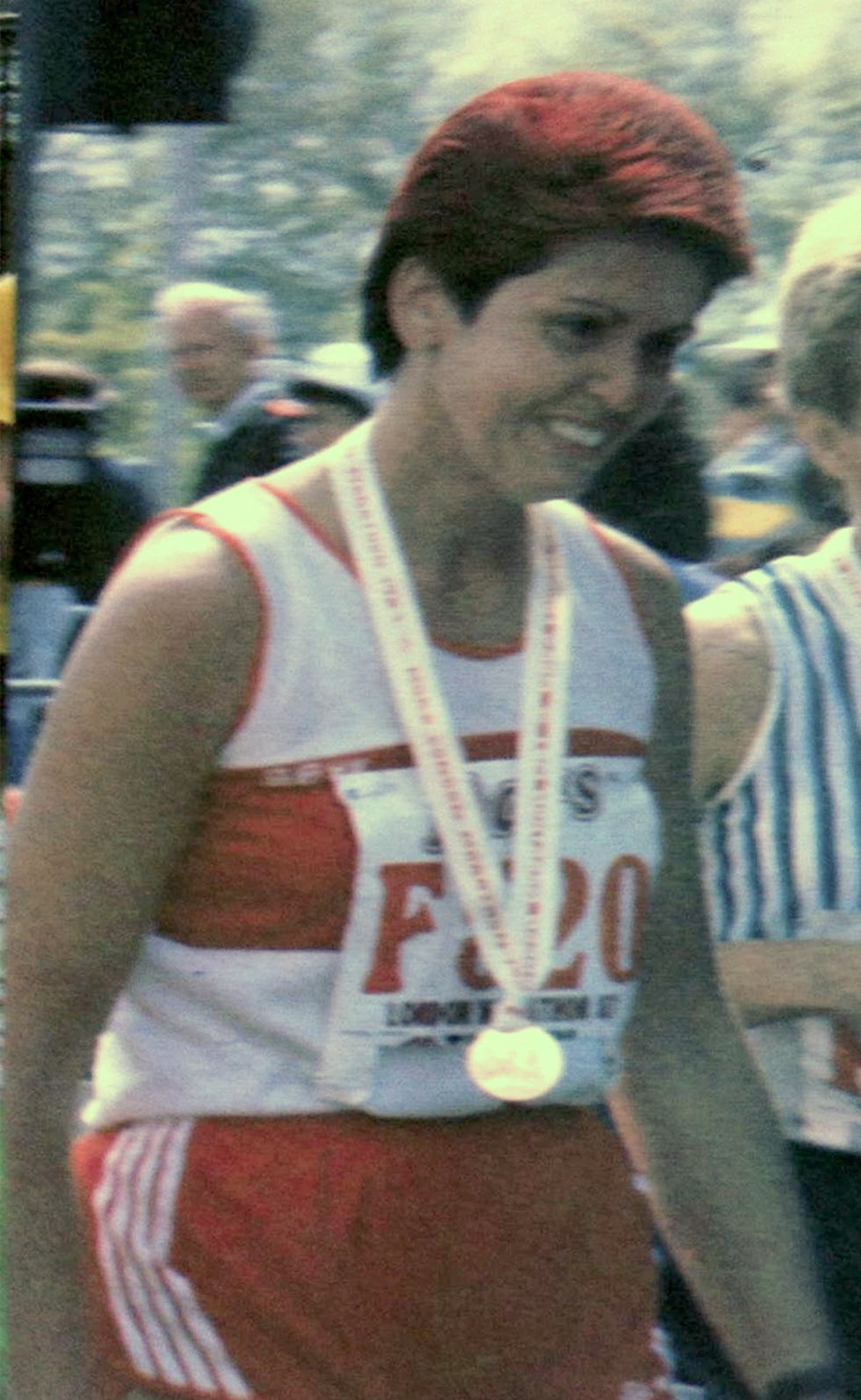 Jasmine Flatters at the end of 1987 London Marathon when she sprayed her hair red to get the crowd\u2019s attention (Jasmine Flatters/PA)
