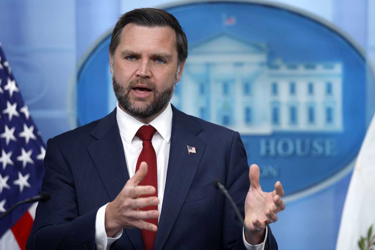 JD Vance speaks to the press as part of a White House press briefing.