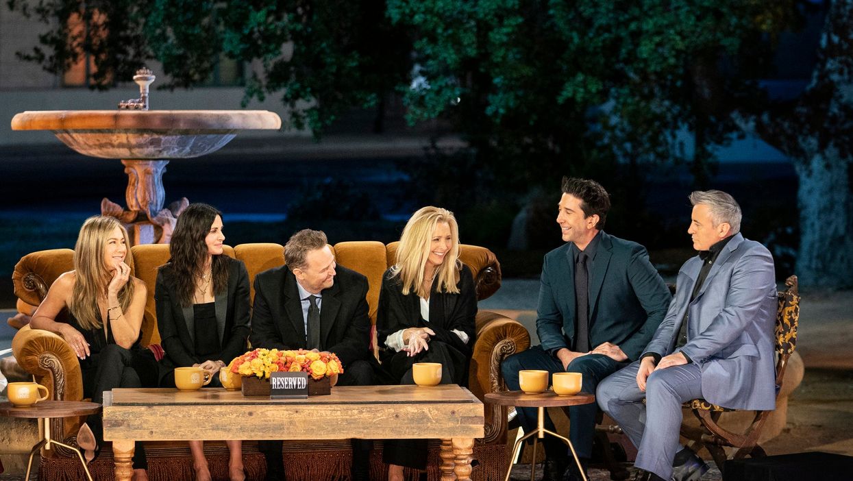 <p>Jennifer Aniston, from left, Courteney Cox, Matthew Perry, Lisa Kudrow, David Schwimmer and Matt LeBlanc in a scene from the "Friends" reunion special</p>