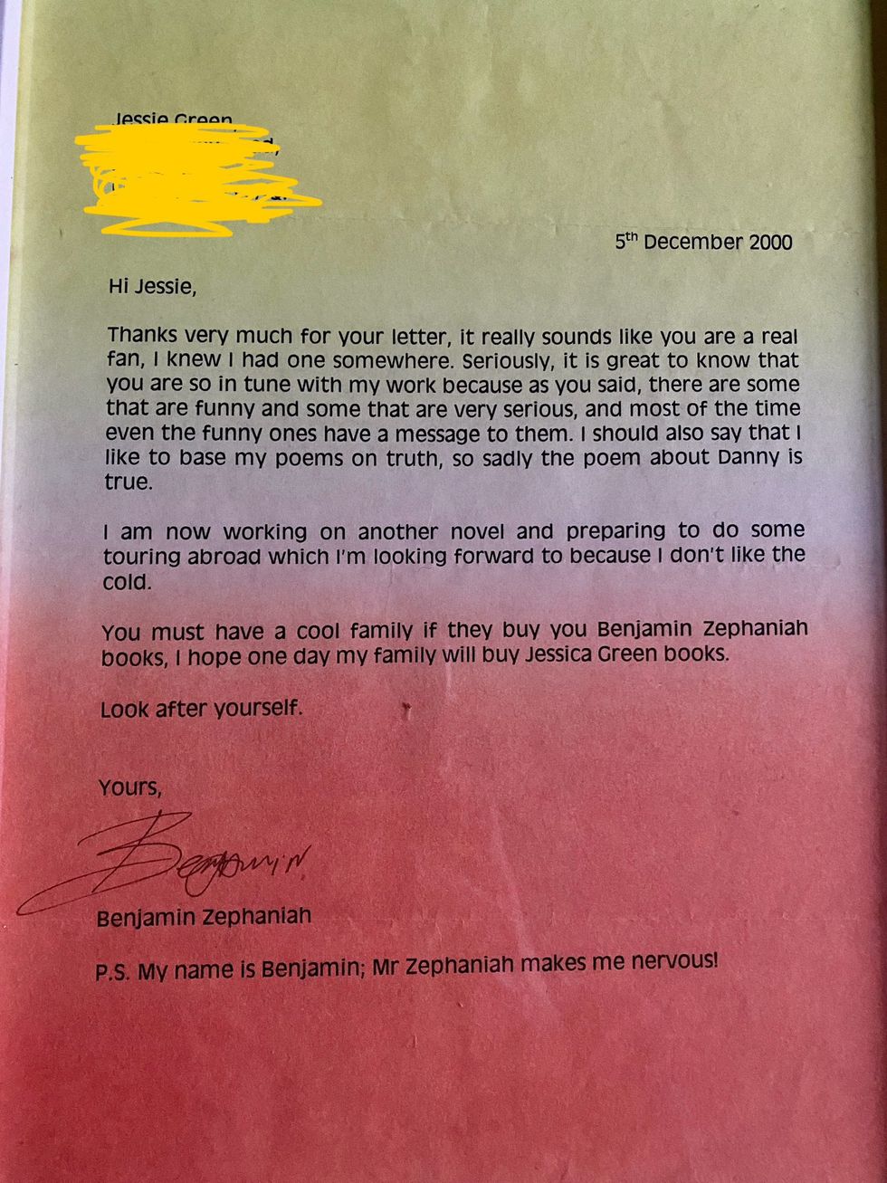 Jess Green's letter from Benjamin Zephaniah