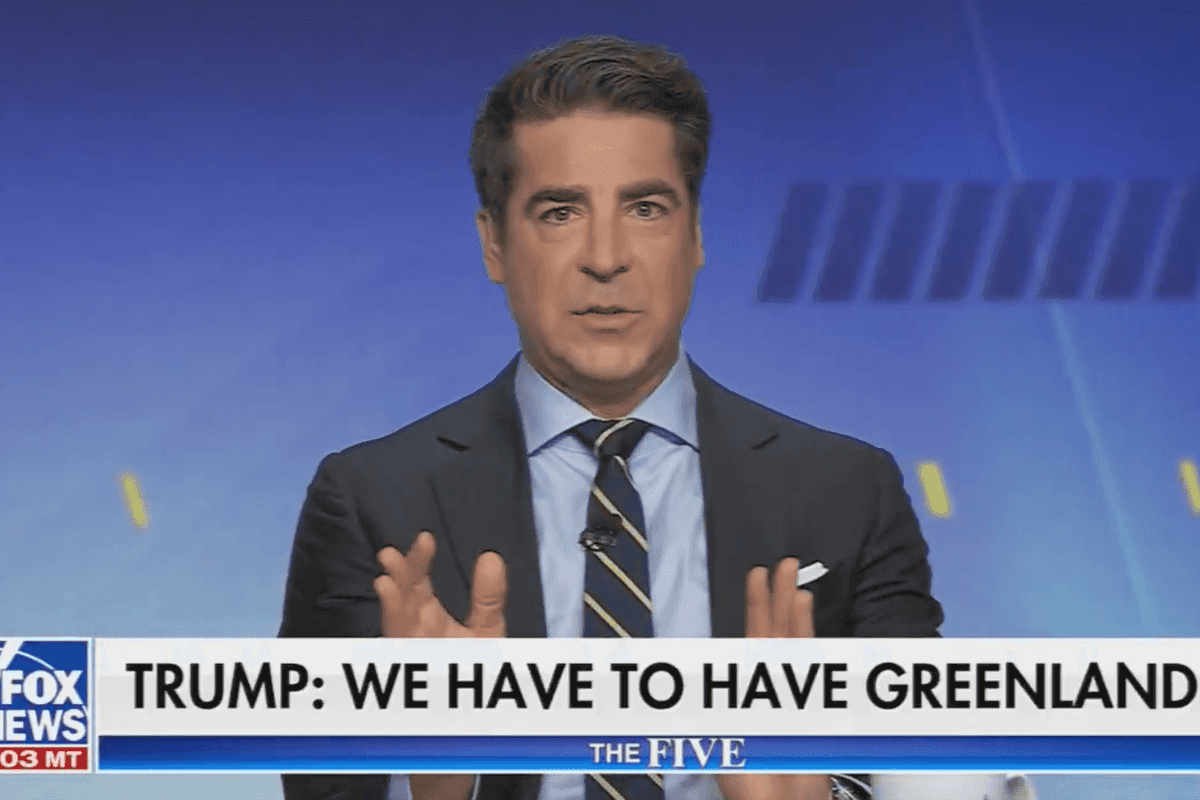 Jesse Watters, a white man with short black hair, a black suit and striped blue tie, talks to the camera on Fox News' The Five. The chyron at the bottom of the screen reads: 'Trump: We have to have Greenland'.