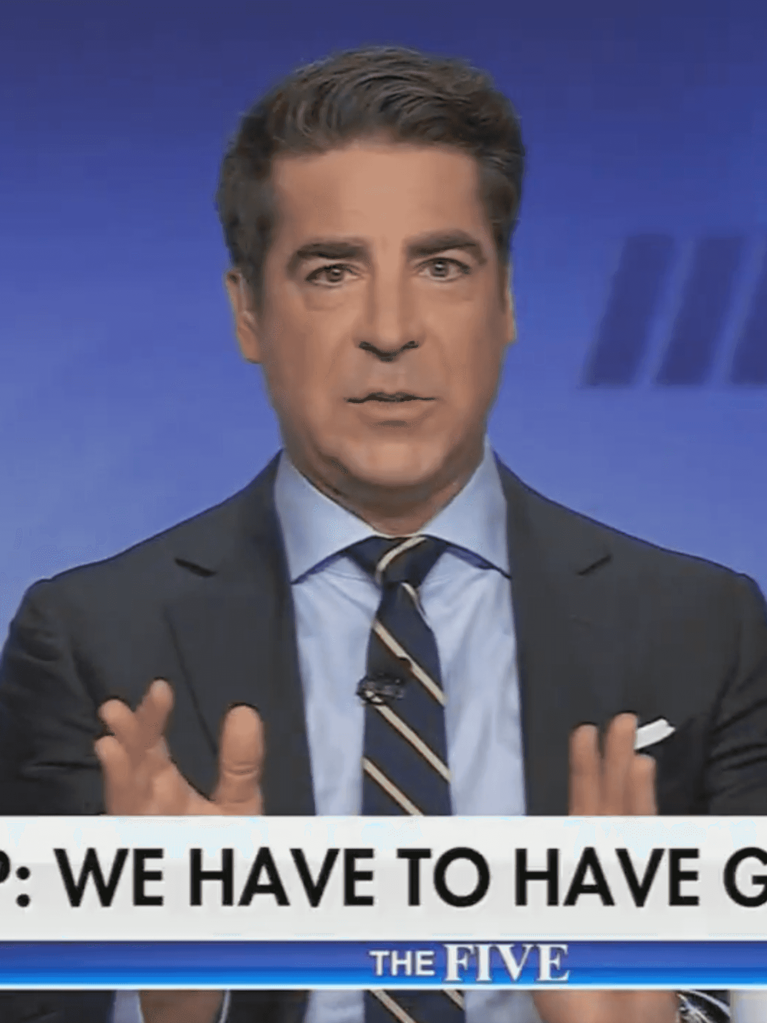 Jesse Watters, a white man with short black hair, a black suit and striped blue tie, talks to the camera on Fox News' The Five. The chyron at the bottom of the screen reads: 'Trump: We have to have Greenland'.