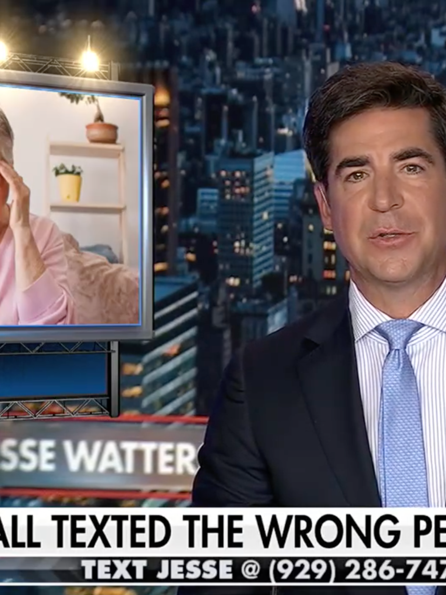 Jesse Watters presents his Fox News show, with a text chyron on screen reading: 'We've all texted the wrong person before'.
