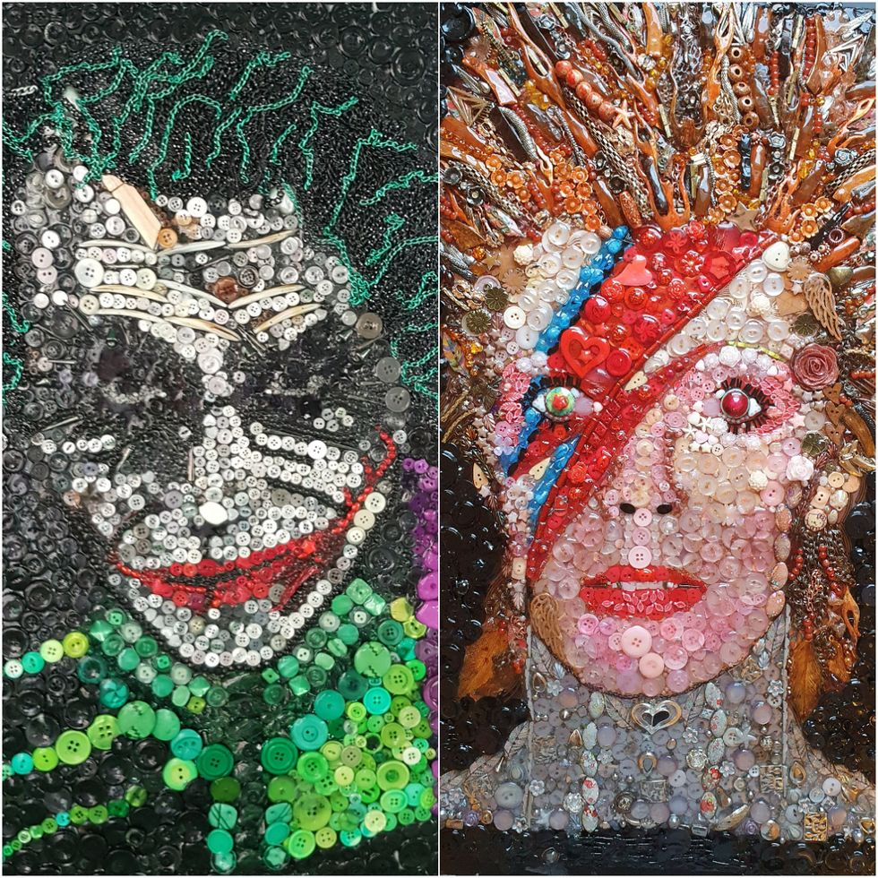 Former florist recreates cultural figures using buttons, brooches and beads