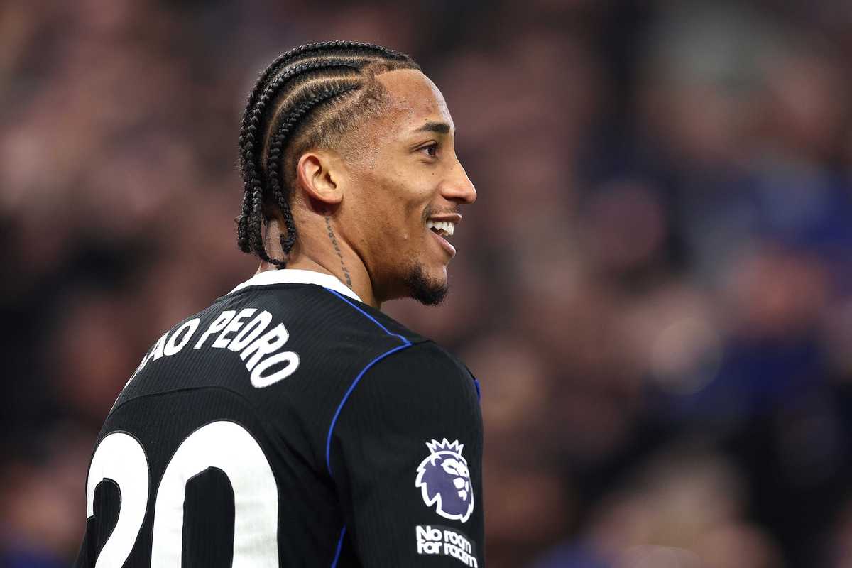 Joao Pedro of Chelsea celebrates scoring his sides fourth goal during the Premier League match between Aston Villa and Chelsea at Villa Park on March 04, 2026 in Birmingham, England
